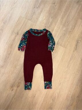 Burgundy Baby Romper with Teal Floral Accents